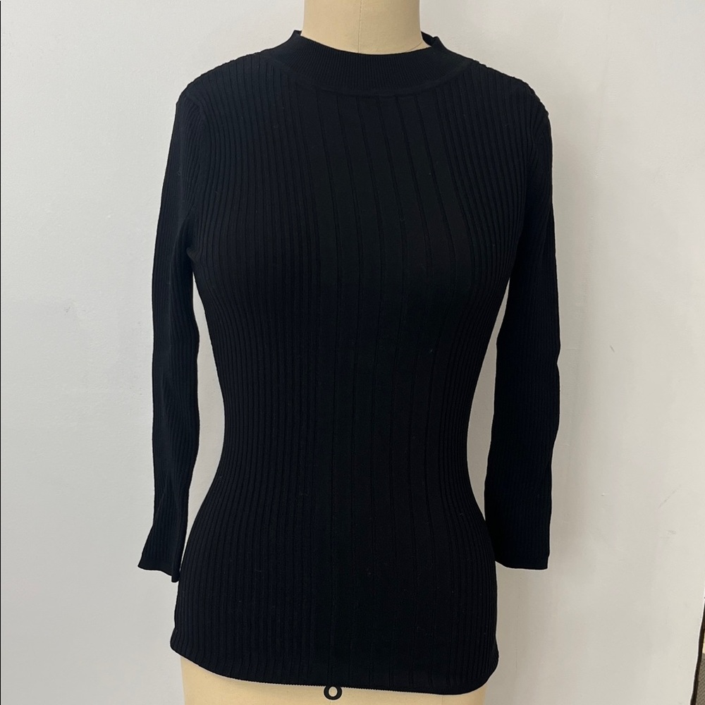 White House Black MarketElegant Black Ribbed Long Sleeve Top - Picture 1 of 5